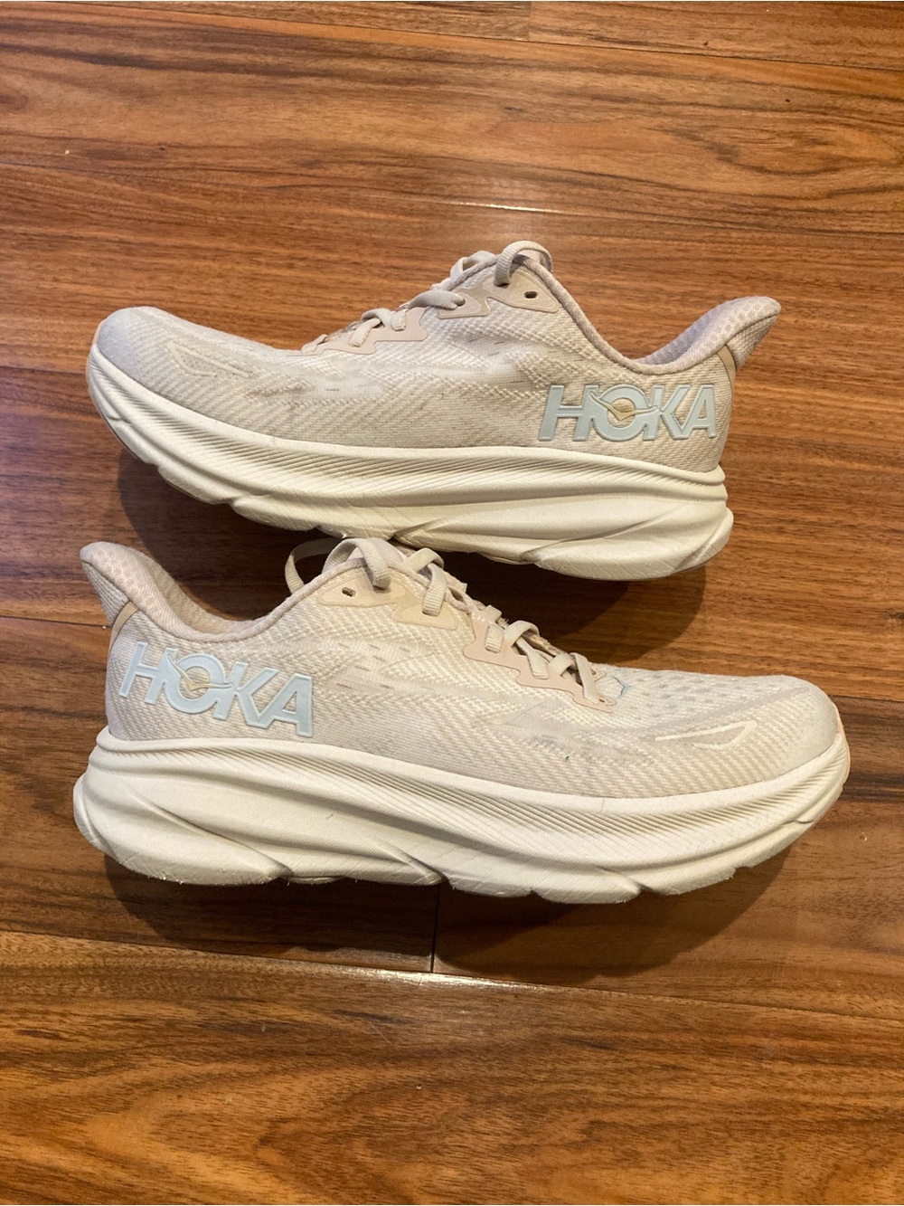 Hoka Neutral Running Shoes in Light Tan and White